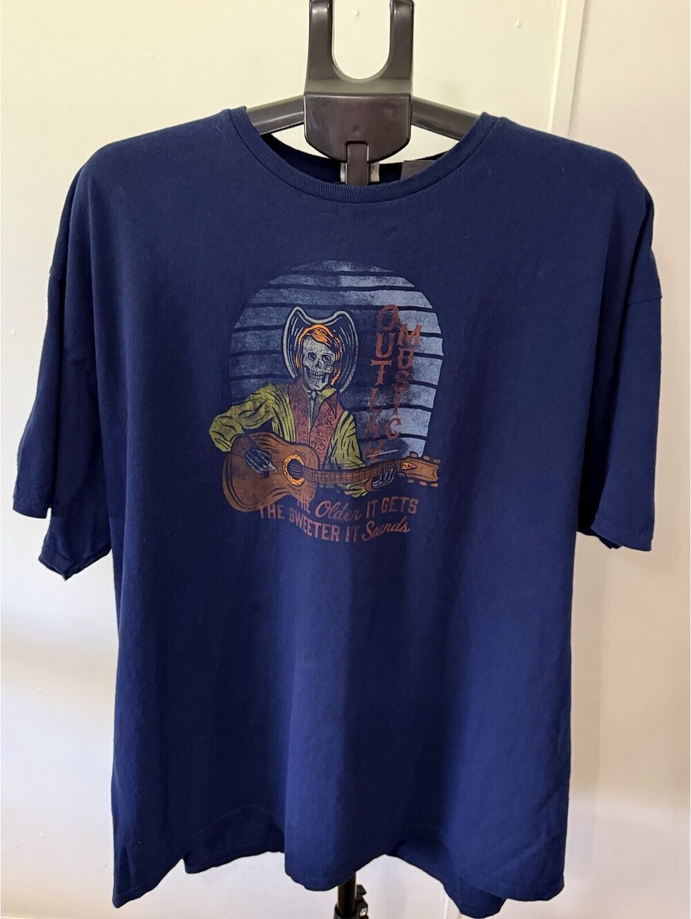 Vtg Outlaw Country Music Men’s Shirt Size 2X Skeleton Guitar Cowboy Navy Blue